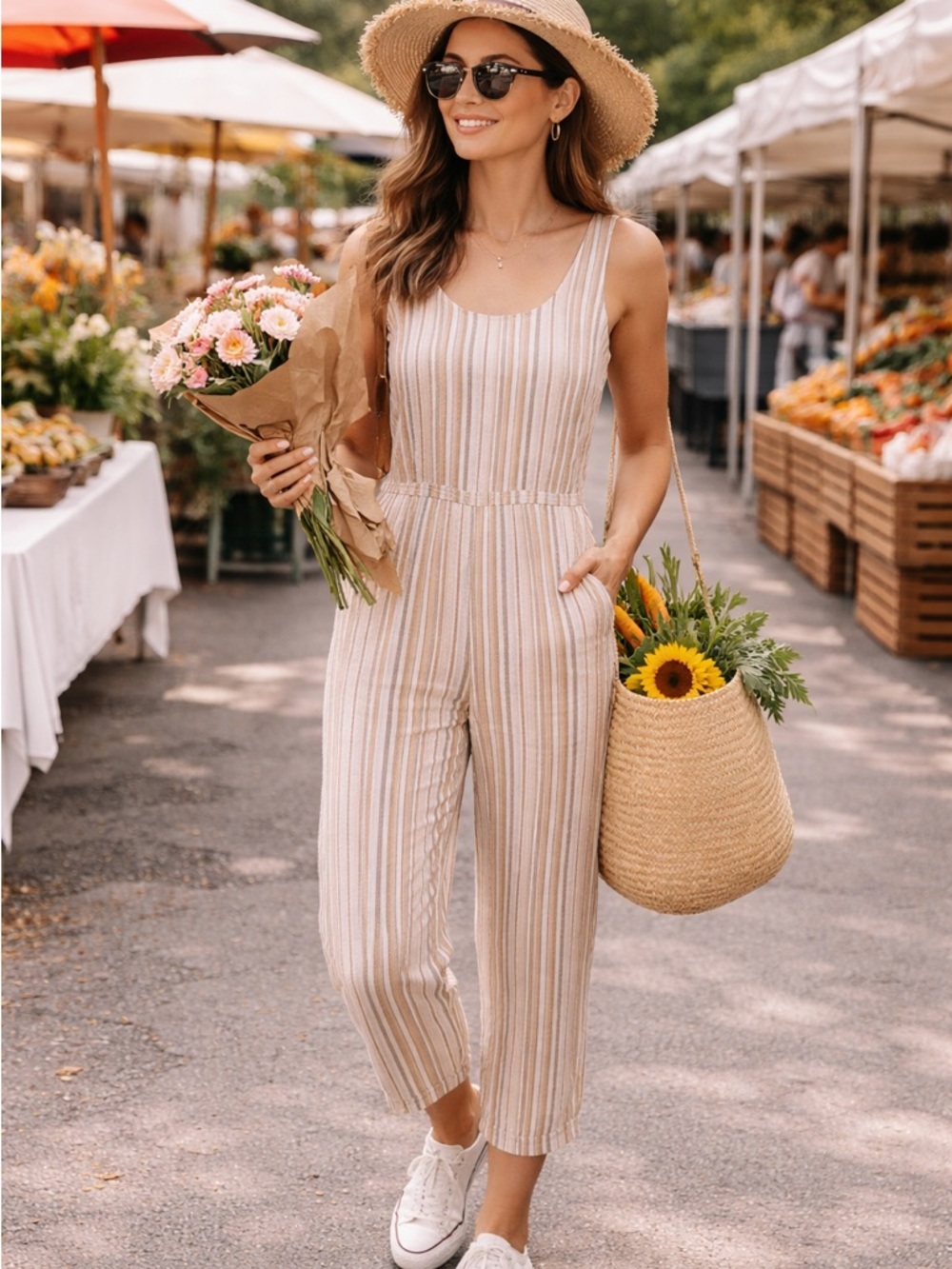 ANTHROPOLOGIE DREW Striped Linen Sleeveless‎ Cropped Jumpsuit Sz XS